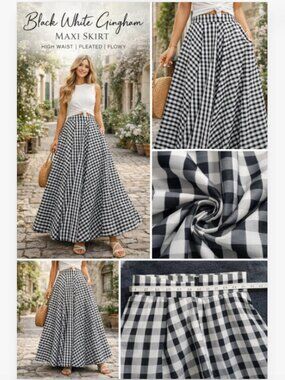 Black & White Gingham Maxi Skirt A-Line High Waist A-Line with Pockets Size M